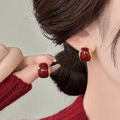 酒红色朱砂几何耳钉女纯银2025年新款 新年耳饰小众高级感耳环 爆款