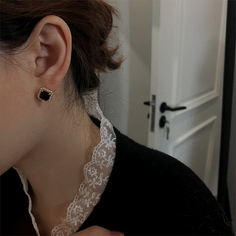 伊灿纯银黑色珍珠耳钉无耳洞耳夹