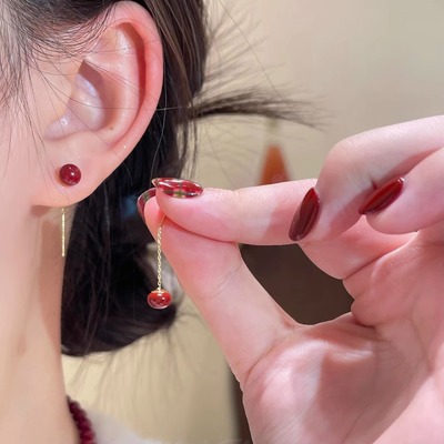 伊灿红色复古珍珠流苏耳钉女纯银