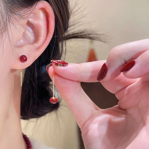 伊灿红色复古珍珠流苏耳钉女纯银