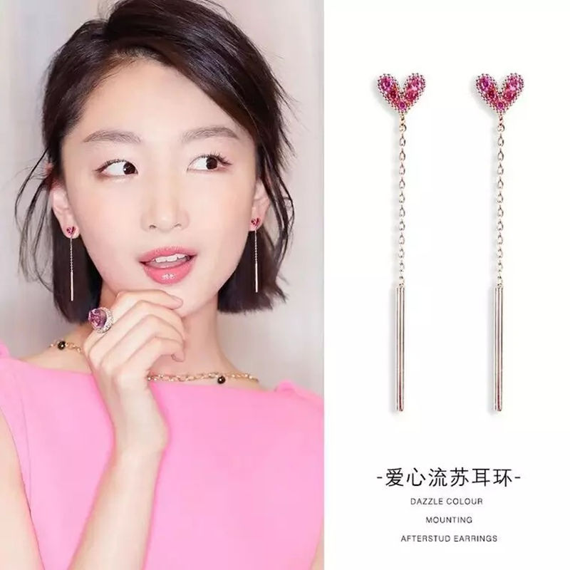 伊灿红色爱心耳线玫瑰金耳坠女