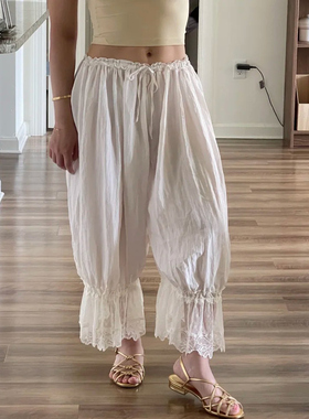 正确版】裤子女2025夏季新款休闲裤蕾丝拼接褶皱八分遛弯灯笼裤