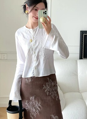 不正可退】重工米粒植物绣花微喇短款衬衫女2025夏季气质百搭上衣