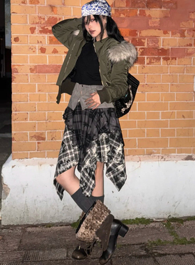 不正可退】复古格纹拼接半身裙女不规则下摆高腰显瘦中长裙设计感