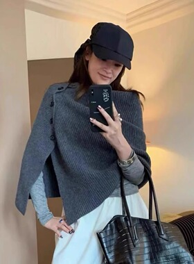 正确版】2025年新款灰色披肩斗篷毛衣女秋冬高级感针织开衫外套