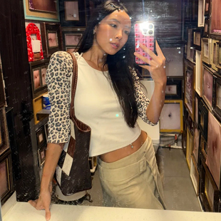 正确版】豹纹拼接复古插肩袖撞色辣妹风挂脖调节肩带中袖T恤上衣