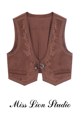 V领刺绣马甲女2025春秋新款文艺气质百搭别致设计感短外套上衣