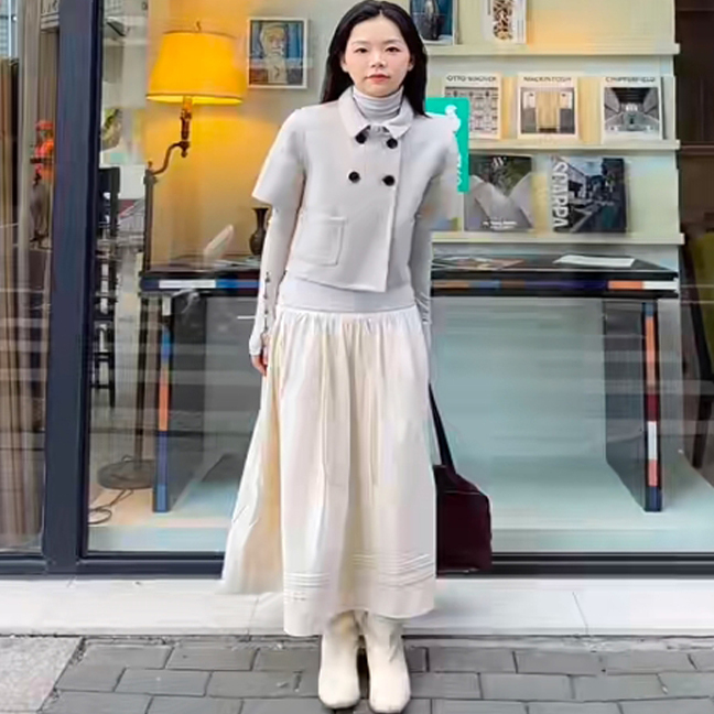 灰色双排扣双面呢大衣