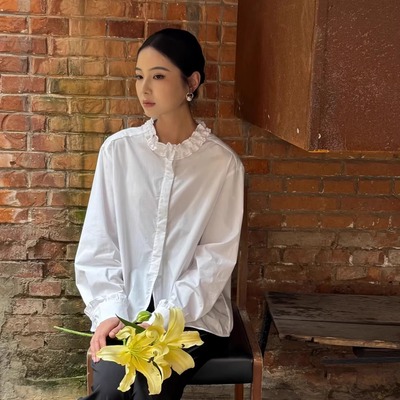 不正可退】复古木耳边长袖衬衫