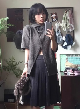 复古高领两穿不规则上衣秋季新款中古翻领短袖中长袖套头针织毛衣