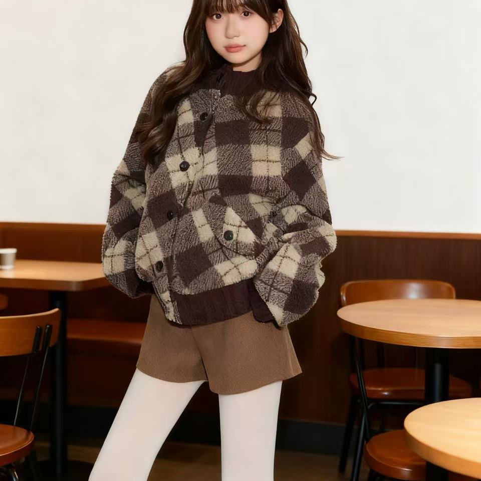圆领毛衣针织拼接格纹毛呢外套