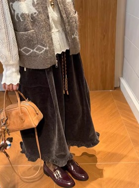 正确版】松紧腰花苞裤裙冬季加厚抽绳灯芯绒显瘦百搭花边阔腿裤子