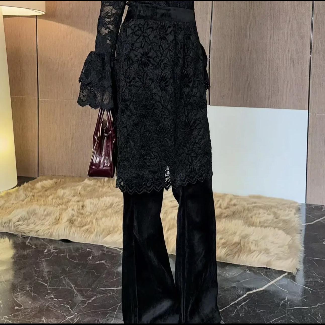 2025春季新款黑色蕾丝开叉休闲裤