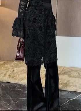2025春季新款黑色屁帘蕾丝拼接镂空微透感开叉两件套微喇休闲裤子