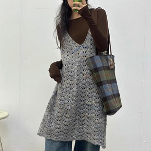 正确版】杂色针织叠穿裙复古文艺休闲百搭小众针织吊带连衣裙女