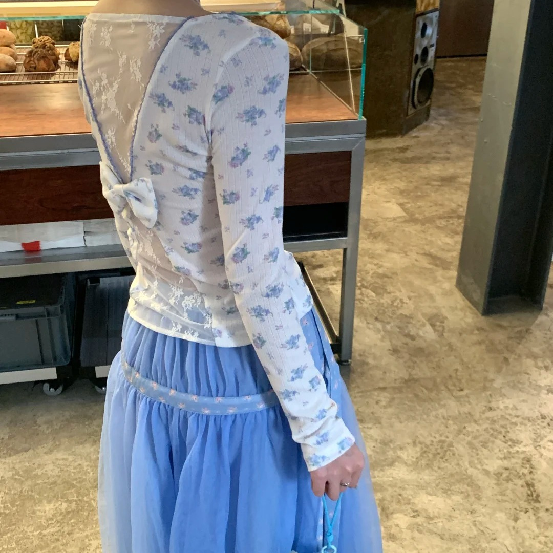 正确版】薄雾蔷薇》碎花蝴蝶结镂空蕾丝露背针织长袖T恤女打底衫