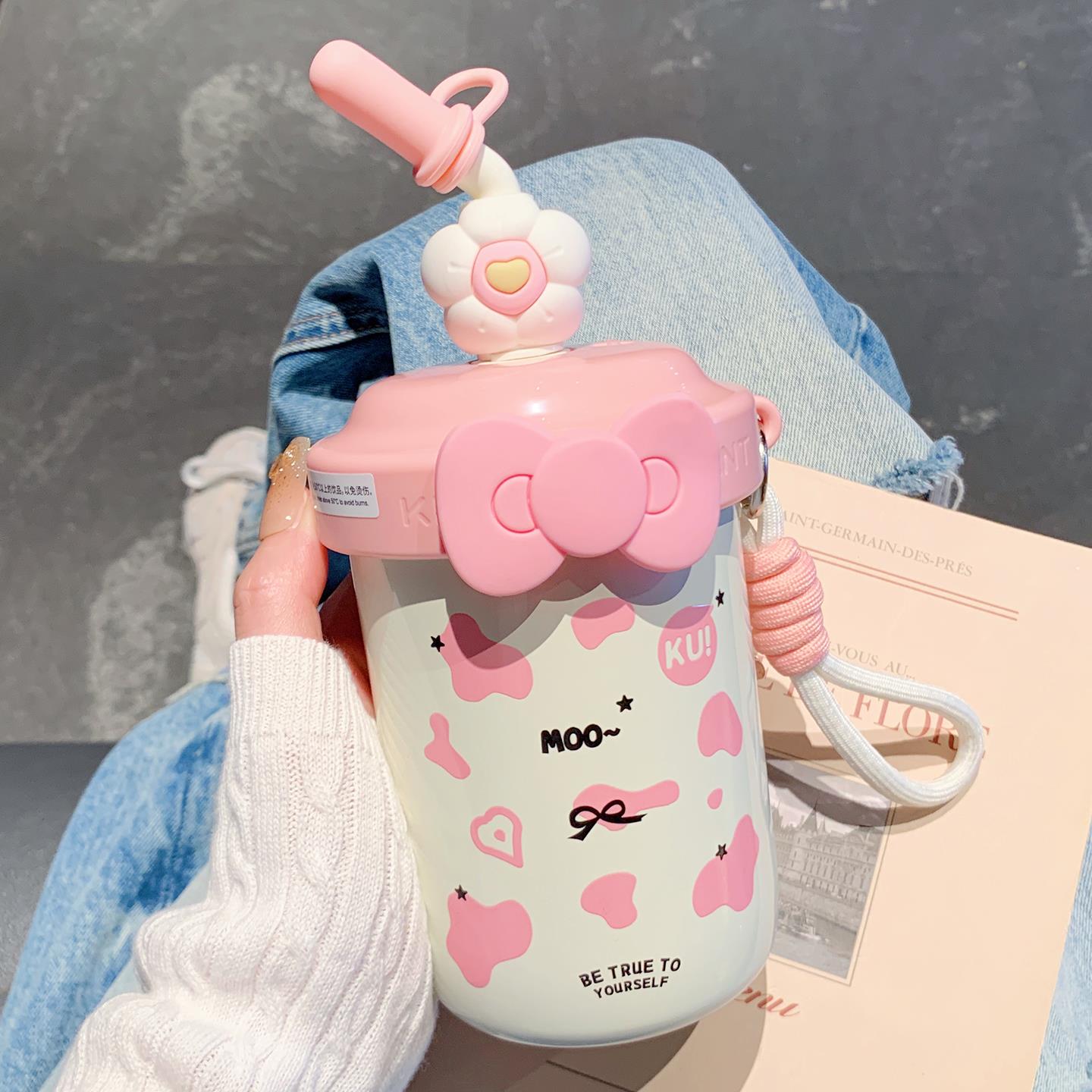 可爱保温杯女生高颜值可搅拌咖啡杯新款2025吸管水杯学生上学专用