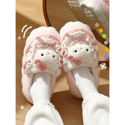 HelloKitty猫棉拖鞋女士冬季包跟2025新款可爱毛毛加绒月子棉鞋女