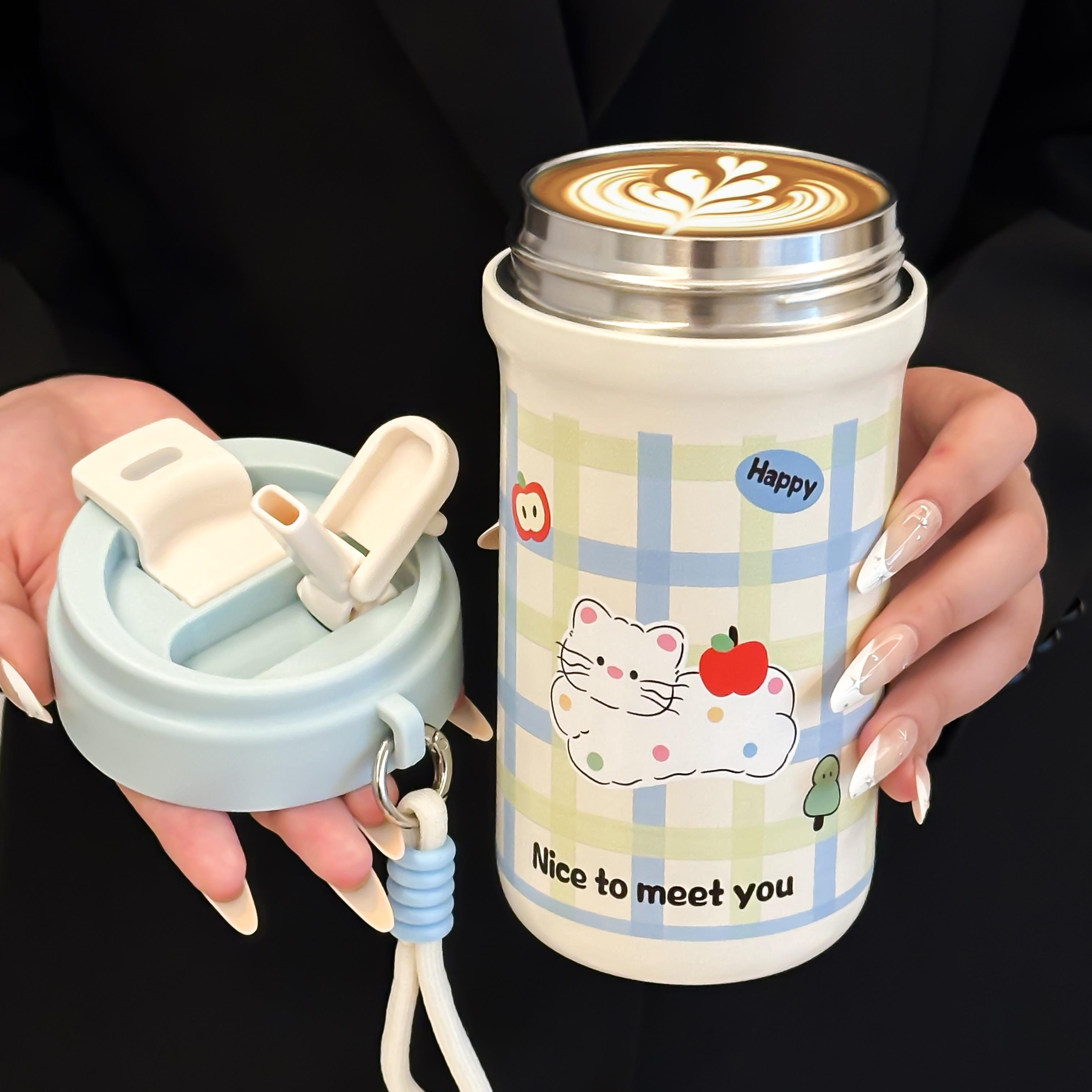 可爱卡通猫猫保温杯双饮大容量316不锈钢水杯吸管咖啡杯学生便携