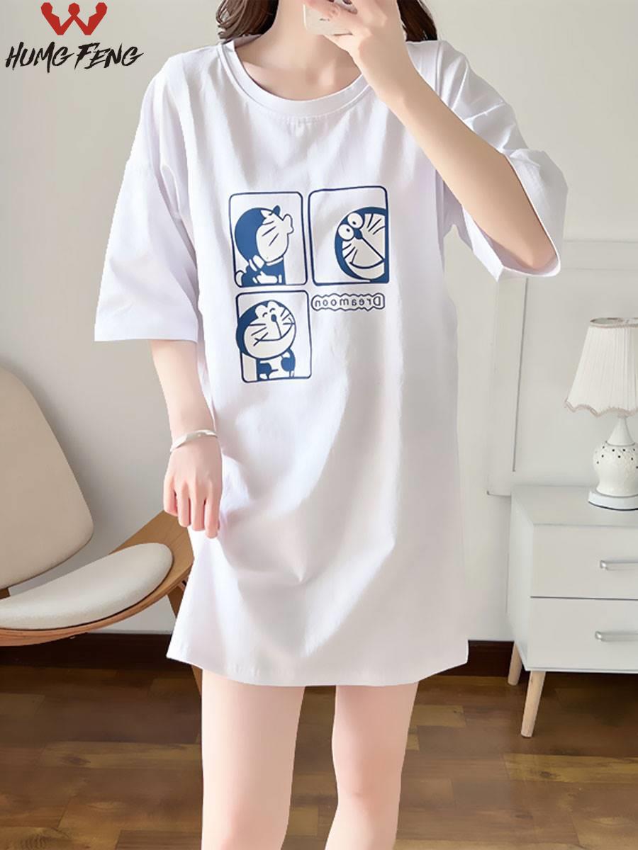 产后哺乳衣夏装纯棉短袖T恤卡通印花辣妈休闲款中长款上衣喂奶衣