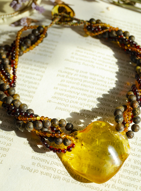 二梦三青【时光守护神】天然琥珀多层项链女时尚中古风毛衣链高级