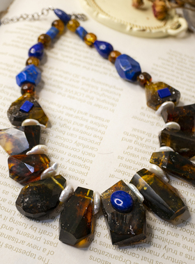 二梦三青【西海龙宫】潮流饰品皮镶琥珀原创小众项链女中古复古风