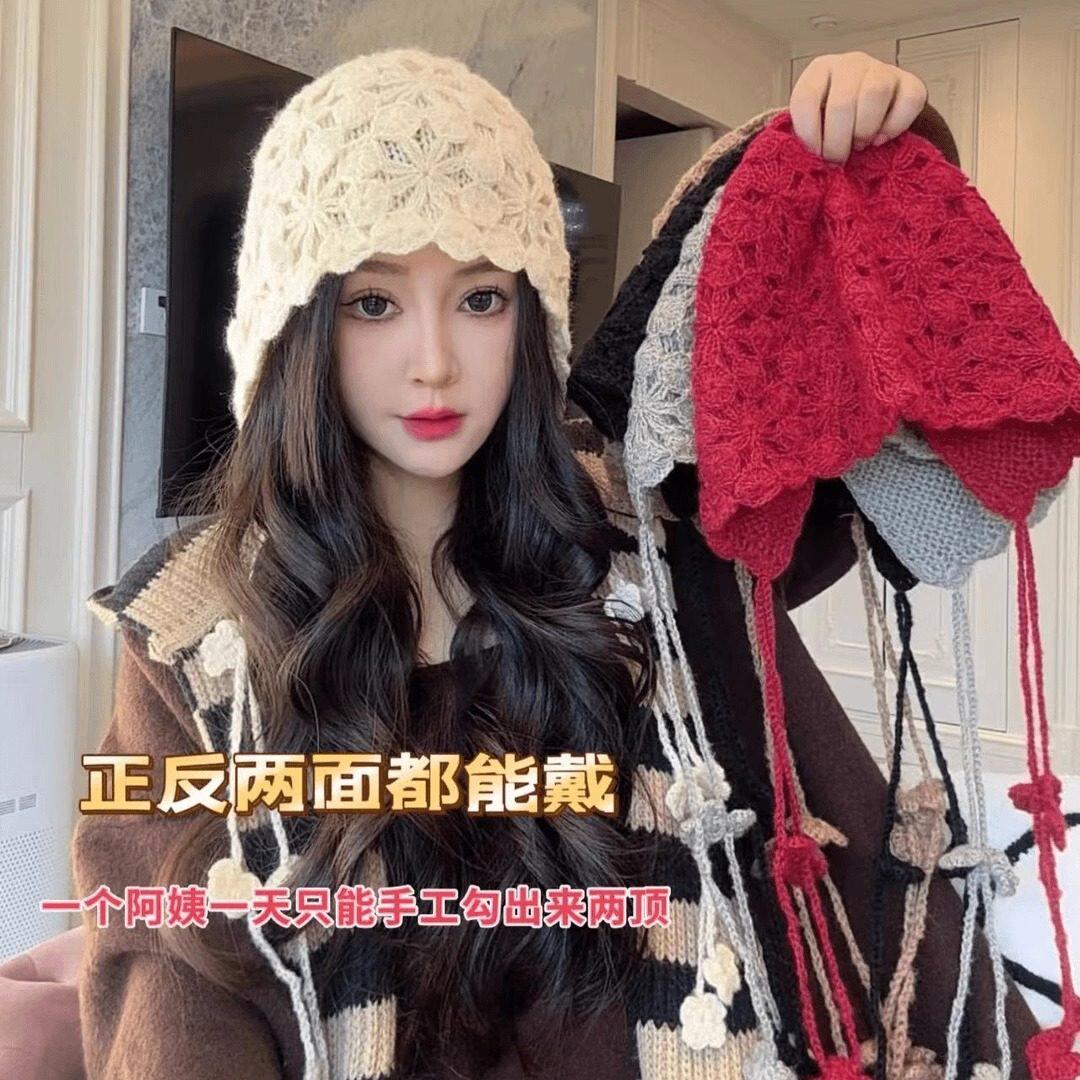 日系小众文艺复古双层蕾丝花朵堆堆帽子女秋冬款流苏针织毛线帽潮