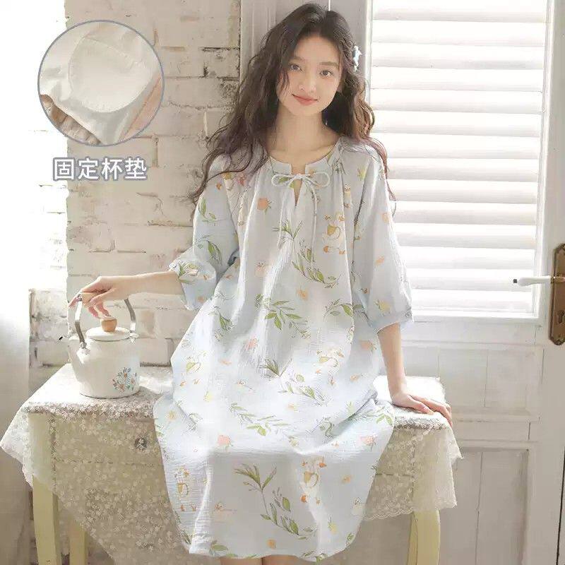 蔓秋夏季纯棉睡裙女带胸垫碎花中袖睡衣裙薄款可外穿空调服连衣裙