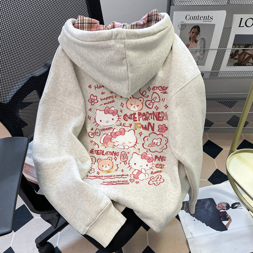 男女中大童粉色格子外套拉链卫衣卡通猫咪春秋冬季加绒加厚上衣潮