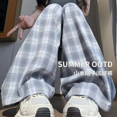 夏季薄款女童蓝格子显瘦阔腿裤