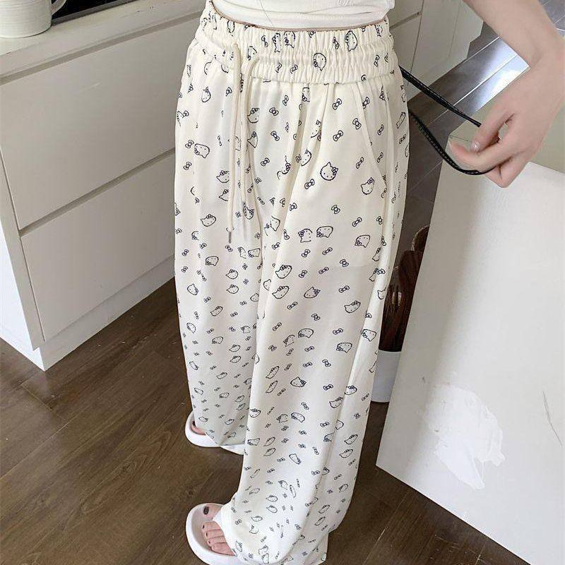 中大童薄款高腰宽松可爱hellkitty满印阔腿裤女夏季显瘦休闲女童