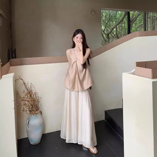 实拍~ 松弛感两面穿扭结无袖上衣+高腰显瘦垂感阔腿飘飘裙裤女装