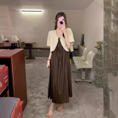 实拍 2024韩系chic套装百搭短款西装外套内搭吊带连衣裙子两件套