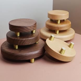 圆形北美胡桃木工艺品茶具奇石佛像鱼缸实木摆件底座 刻字可定制