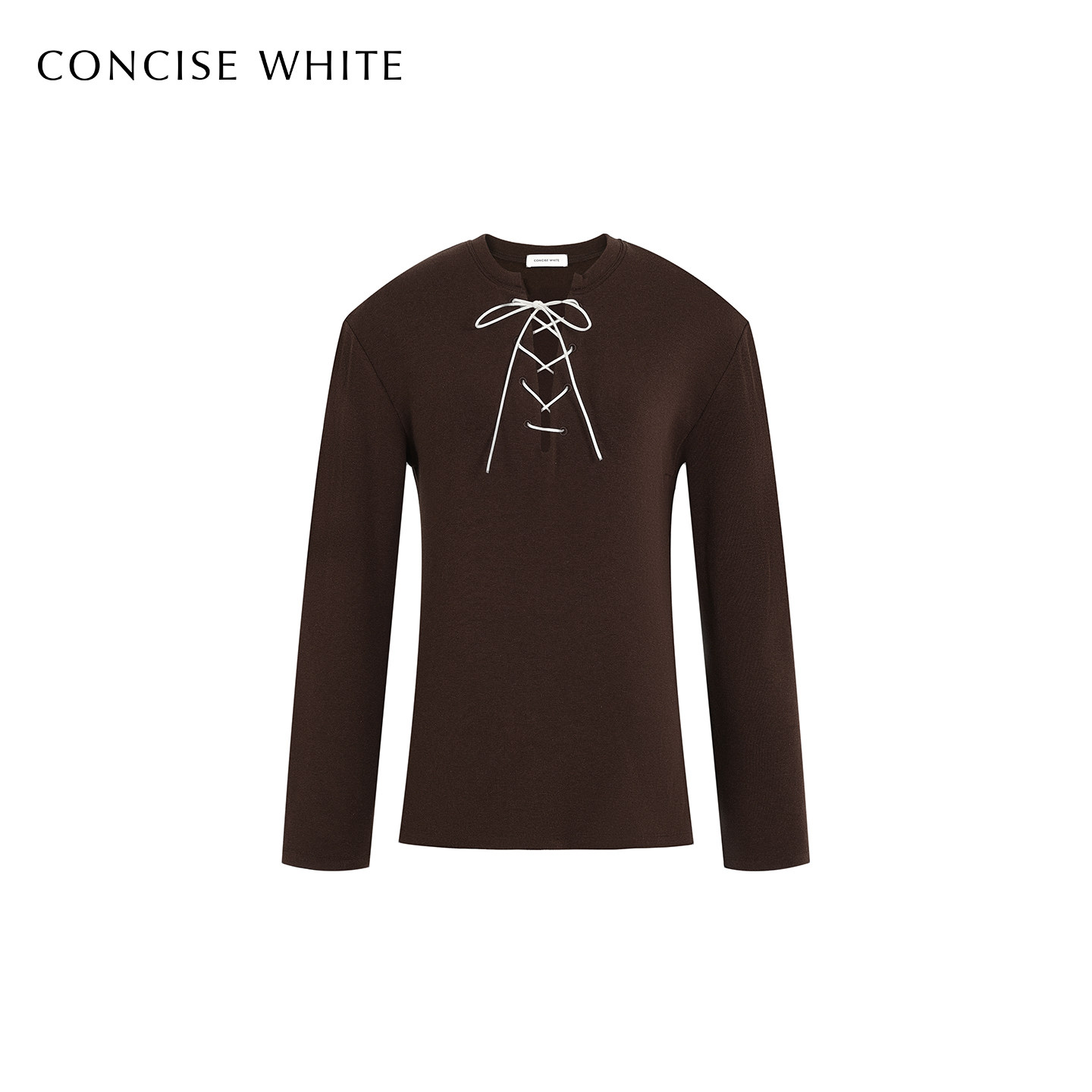 CONCISE-WHITE简白2025秋冬新品V领系带德绒流行长袖t恤上衣女