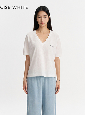 CONCISE-WHITE简白2025新款刺绣V领短袖宽松白色T恤上衣女