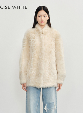 CONCISE-WHITE简白 秋冬新款经典羊毛皮纯色立领毛呢外套女