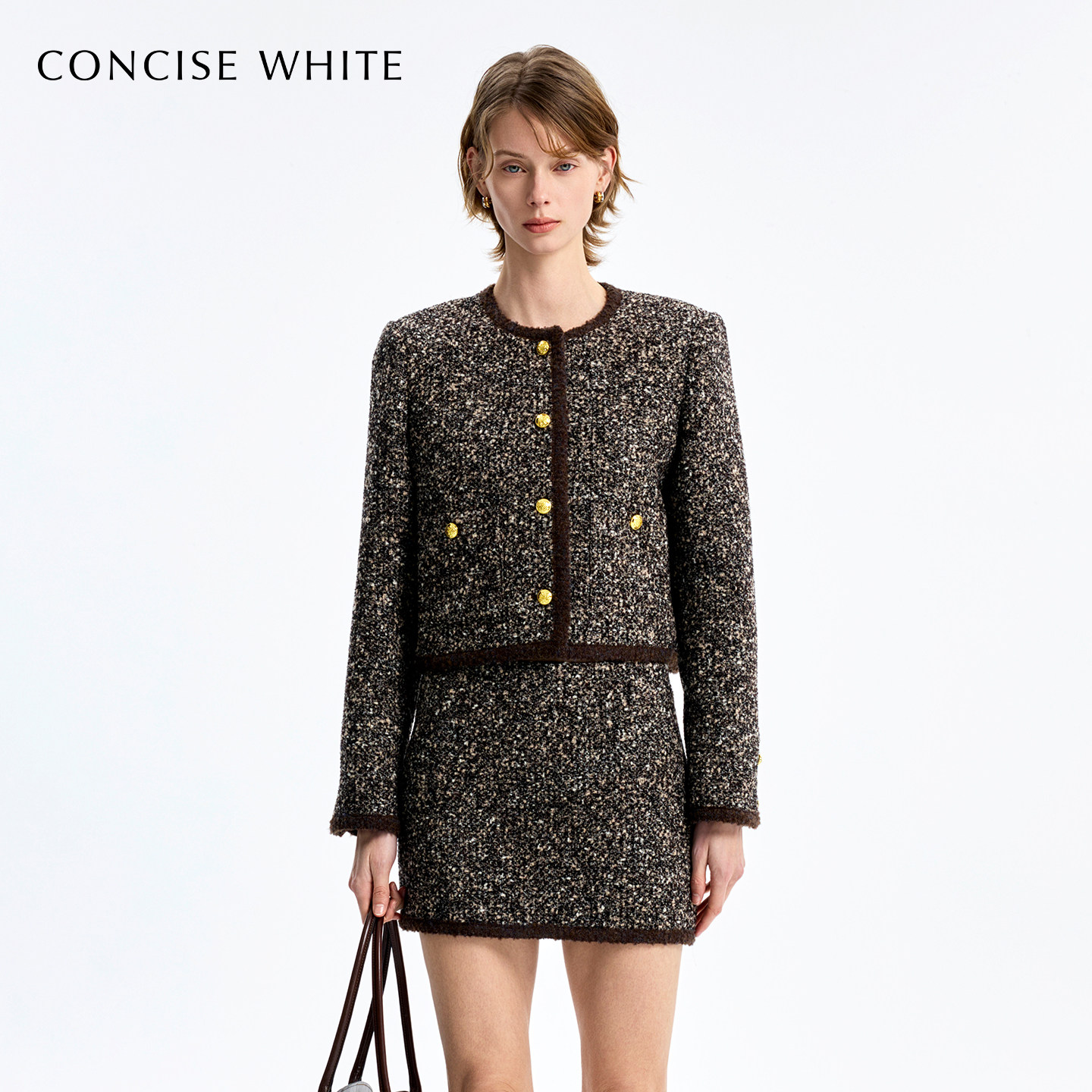 CONCISE-WHITE简白2025秋冬新品羊毛流行百搭粗花毛呢金扣短外套