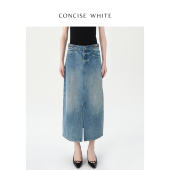 新款 WHITE简白旗舰店 高腰半开叉牛仔半身裙女春季 CONCISE