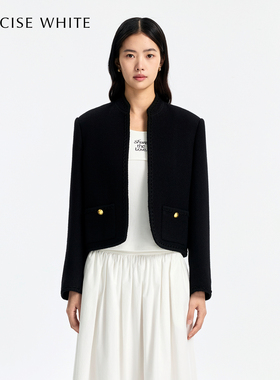 CONCISE-WHITE简白2025秋冬新品短款小立领花边外套羊毛黑色女款