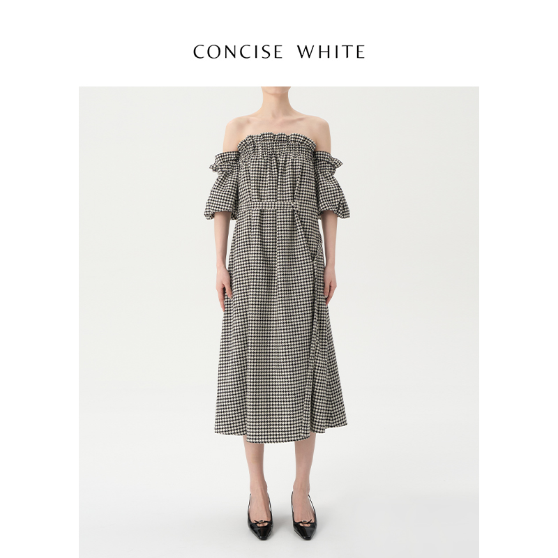 CONCISE-WHITE简白旗舰店 一字肩格纹短袖连衣裙夏季新品 女装/女士精品 连衣裙 原图主图