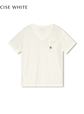 CONCISE-WHITE简白2025秋季新款刺绣V领短袖t恤女装好看女士上衣