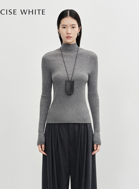 CONCISE-WHITE简白秋季美丽诺羊毛竖纹高领针织内搭打底衫