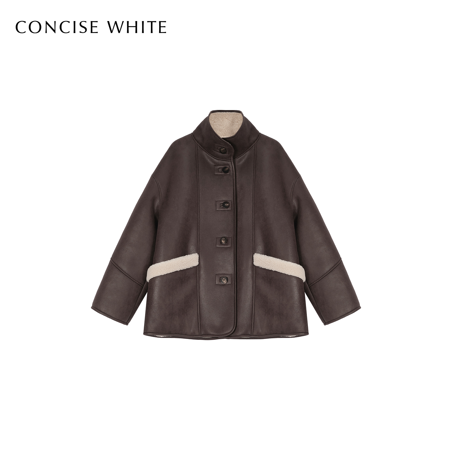 CONCISE-WHITE简白2025秋冬新品立领廓形外套羊毛棕色高级皮衣女