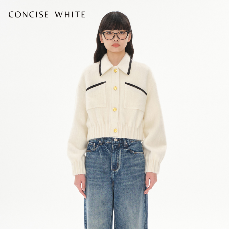 曾黎同款CONCISE-WHITE简白金扣学院风毛呢外套夹克女秋冬新品