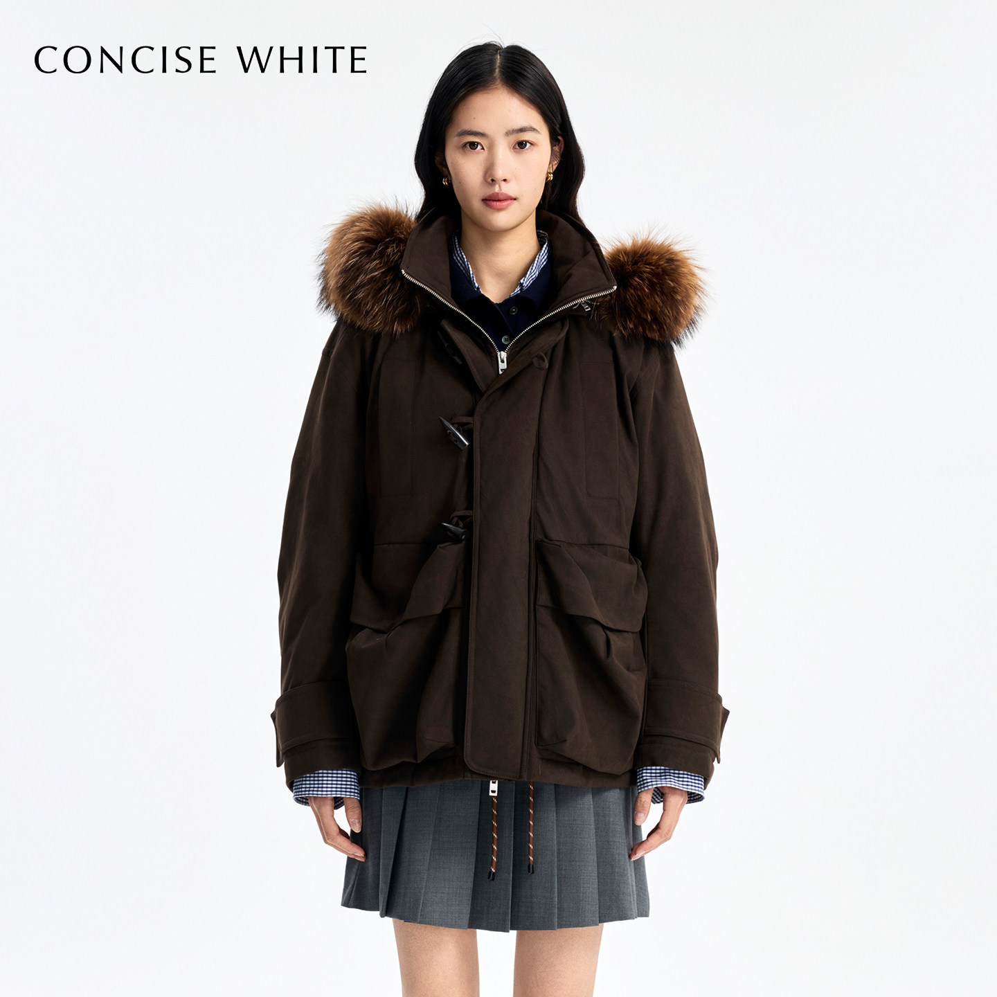 CONCISE-WHITE简白2025秋冬新品工装羽绒服宽松鹅绒中长款外套女