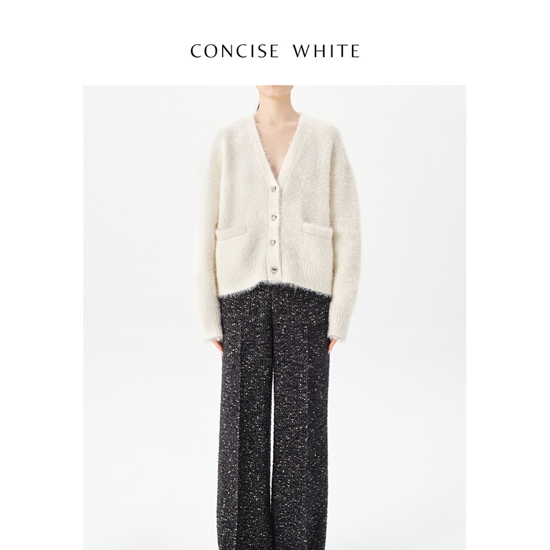 CONCISE-WHITE简白旗舰店 羊毛亮丝开衫V领长袖上衣外套秋冬 女装/女士精品 毛针织衫 原图主图