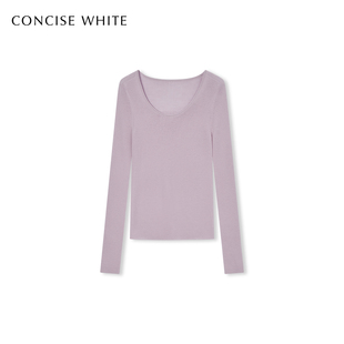 羊毛针织修身 卷边U领打底衫 上衣女 WHITE简白2025秋冬新款 CONCISE