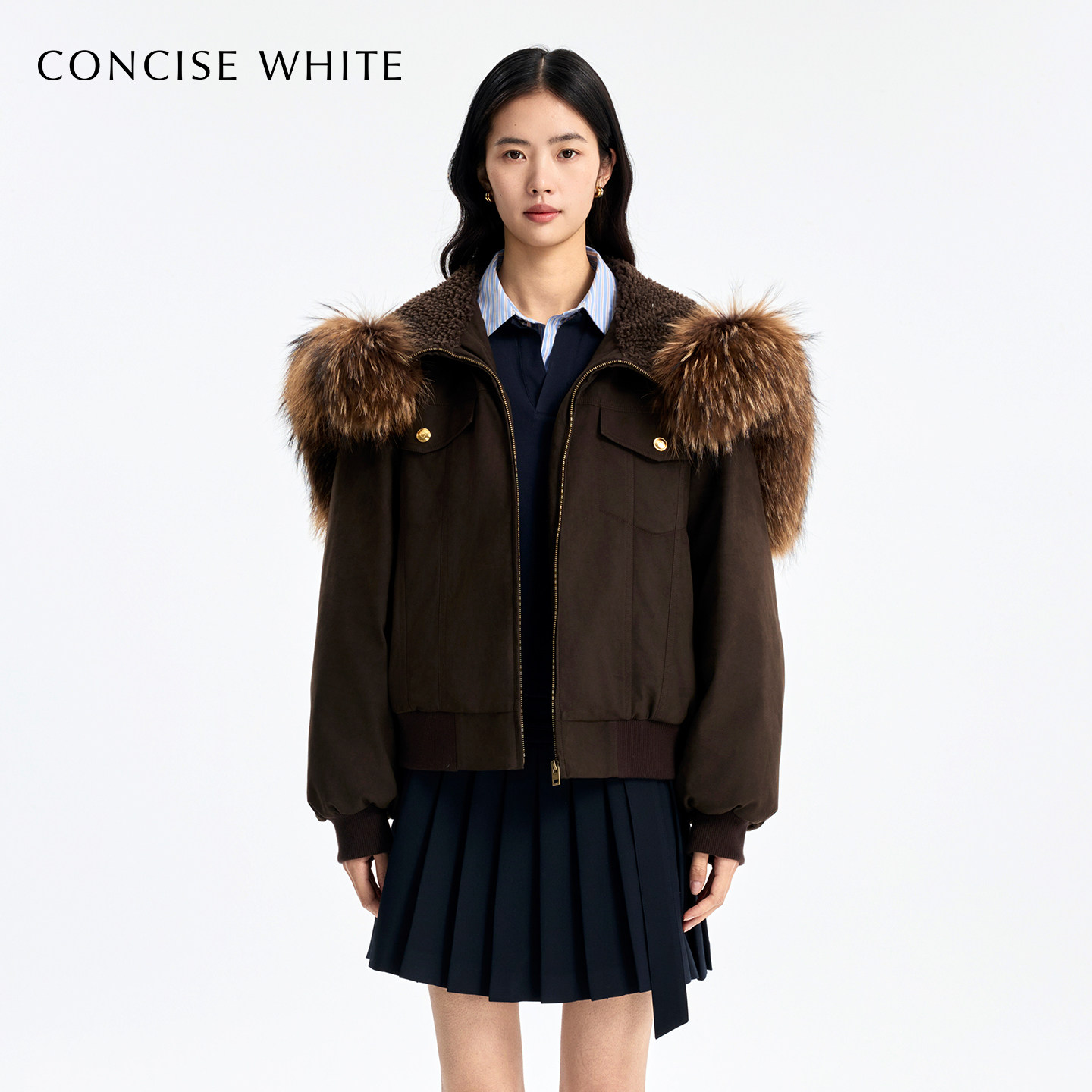CONCISE-WHITE简白2025秋冬新品毛领短款羽绒服鹅绒百搭外套女