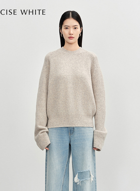 CONCISE-WHITE简白秋季新款羊毛圆领廓形收腰短款毛衣上衣女